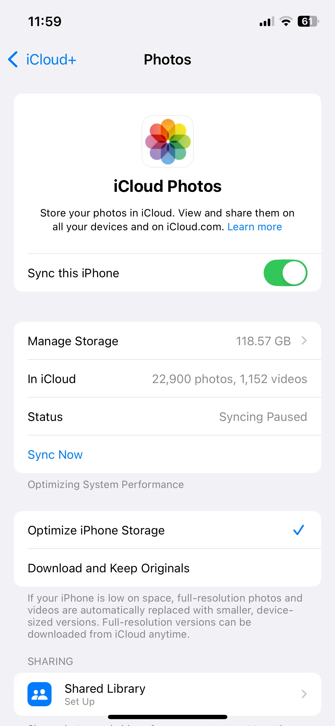 Màn hình cài đặt Ảnh iCloud trên iPhone với tùy chọn &quot;Tối ưu hóa dung lượng iPhone&quot; được bật.