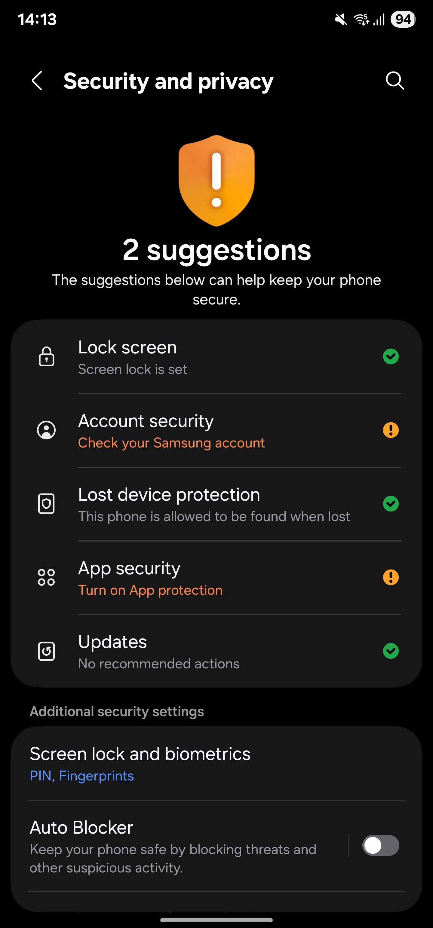 Màn hình Cài đặt Bảo mật và quyền riêng tư trên điện thoại Samsung Galaxy, hiển thị tùy chọn Bảo vệ thiết bị bị mất.
