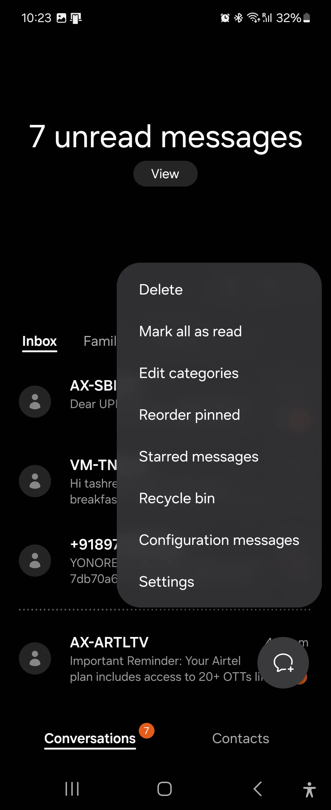 Màn hình cài đặt bổ sung trong ứng dụng Tin nhắn Samsung, hiển thị các tùy chọn quản lý và tùy chỉnh tin nhắn.