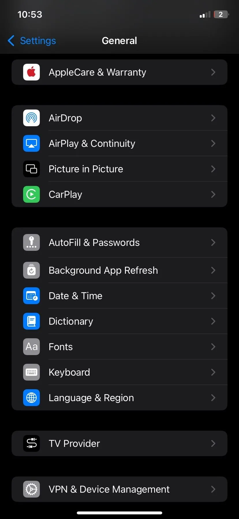 Màn hình cài đặt Cài đặt chung (General) trên iPhone, nơi truy cập phần Bàn phím
