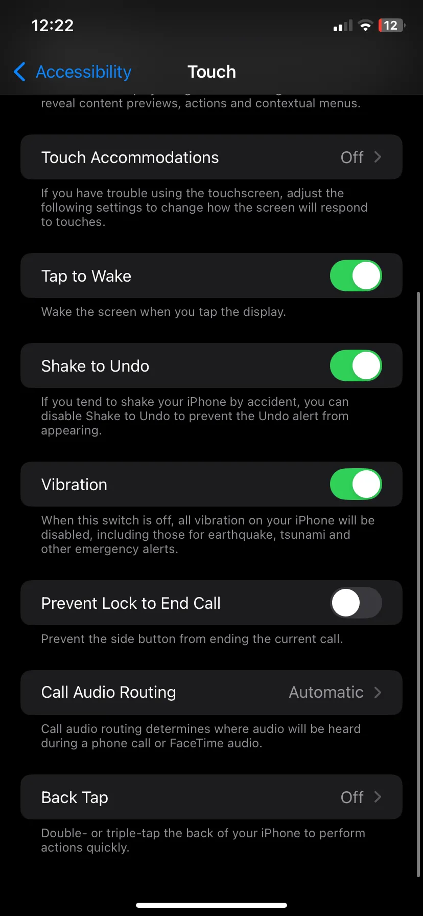 Màn hình cài đặt Chạm của tính năng Trợ năng trong ứng dụng Cài đặt iPhone
