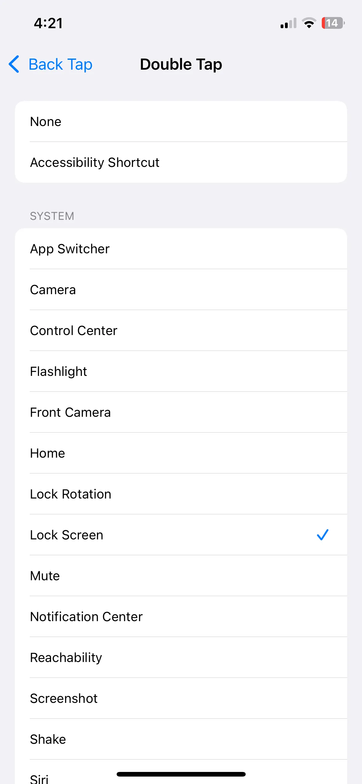 Màn hình cài đặt Chạm hai lần mặt lưng iPhone