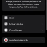 Màn hình Cài đặt chung trong ứng dụng Cài đặt trên iPhone, nơi hiển thị các tùy chọn quản lý thiết bị và dung lượng bộ nhớ.