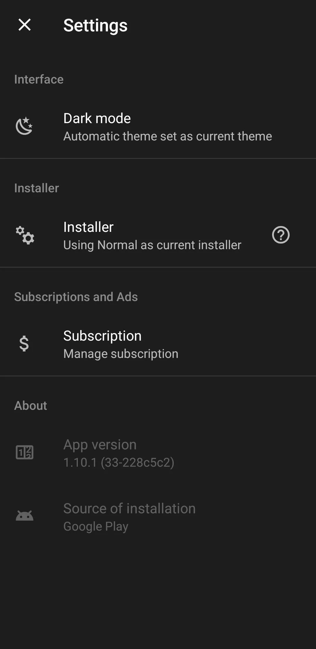 Màn hình cài đặt của APKMirror Installer trên điện thoại Android, cho phép cấu hình các tùy chọn cài đặt file APK.