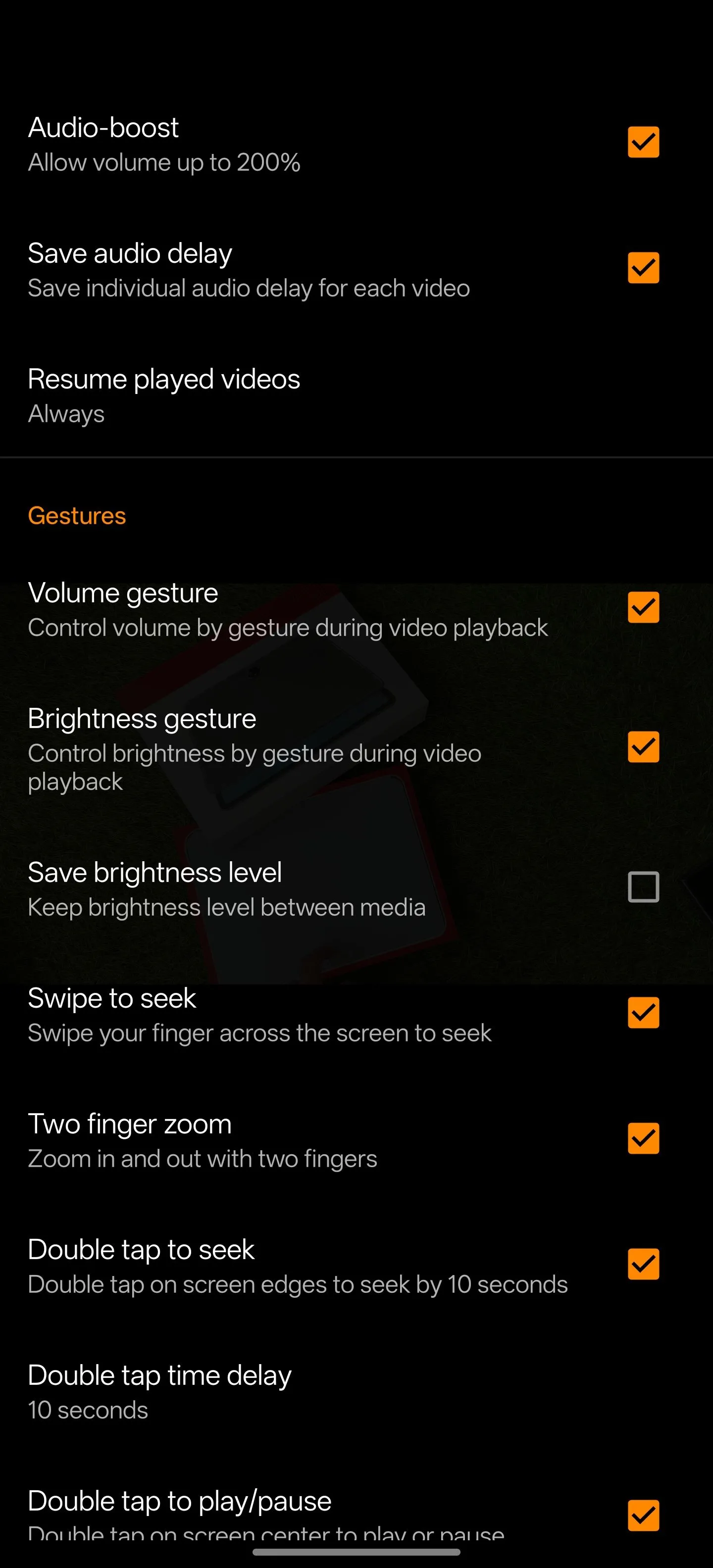 Màn hình cài đặt của VLC cho Android, cho phép người dùng tùy chỉnh các tùy chọn phát lại và giao diện.