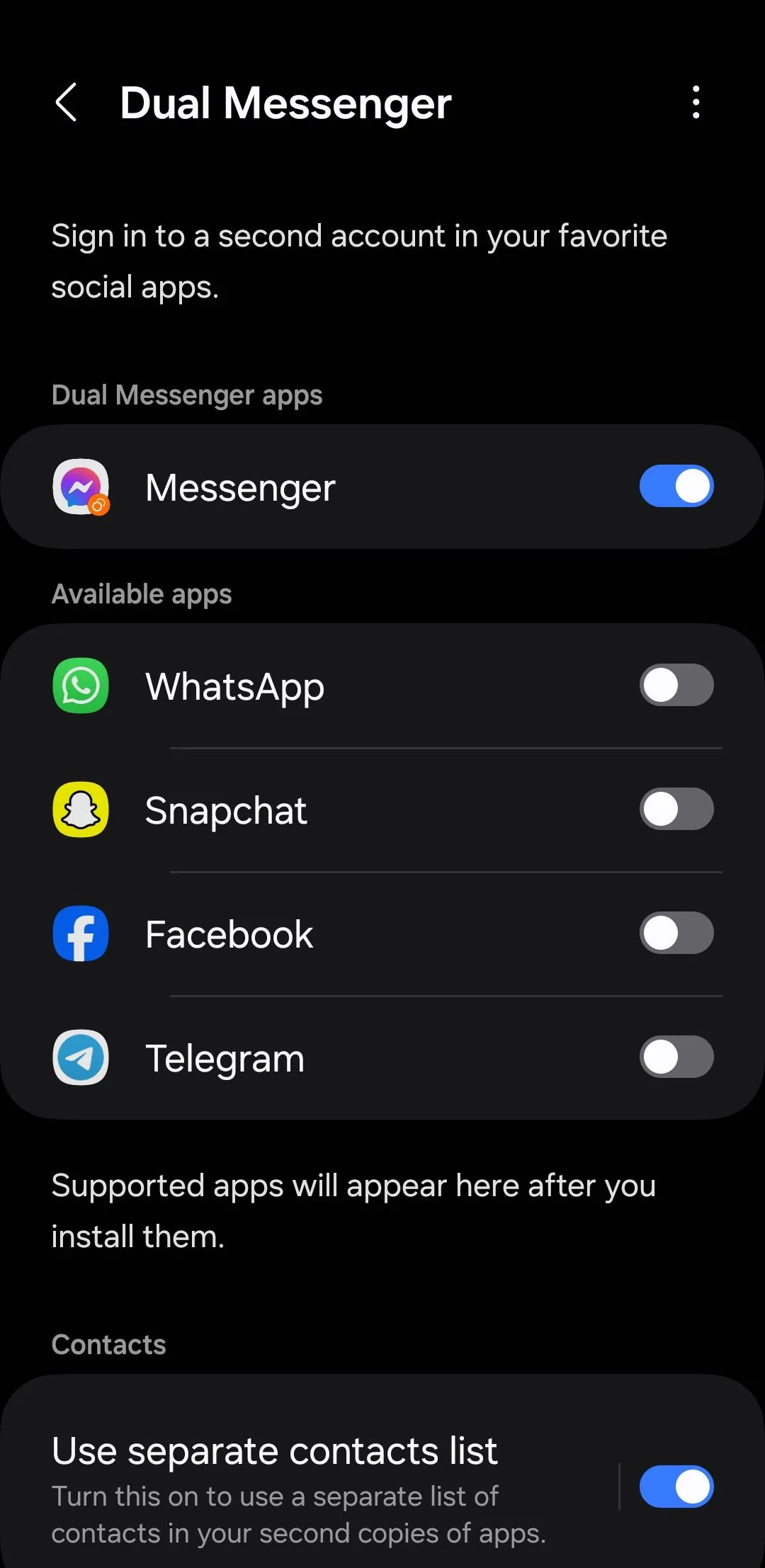Màn hình cài đặt Dual Messenger trên điện thoại Samsung, hiển thị các ứng dụng có thể nhân bản