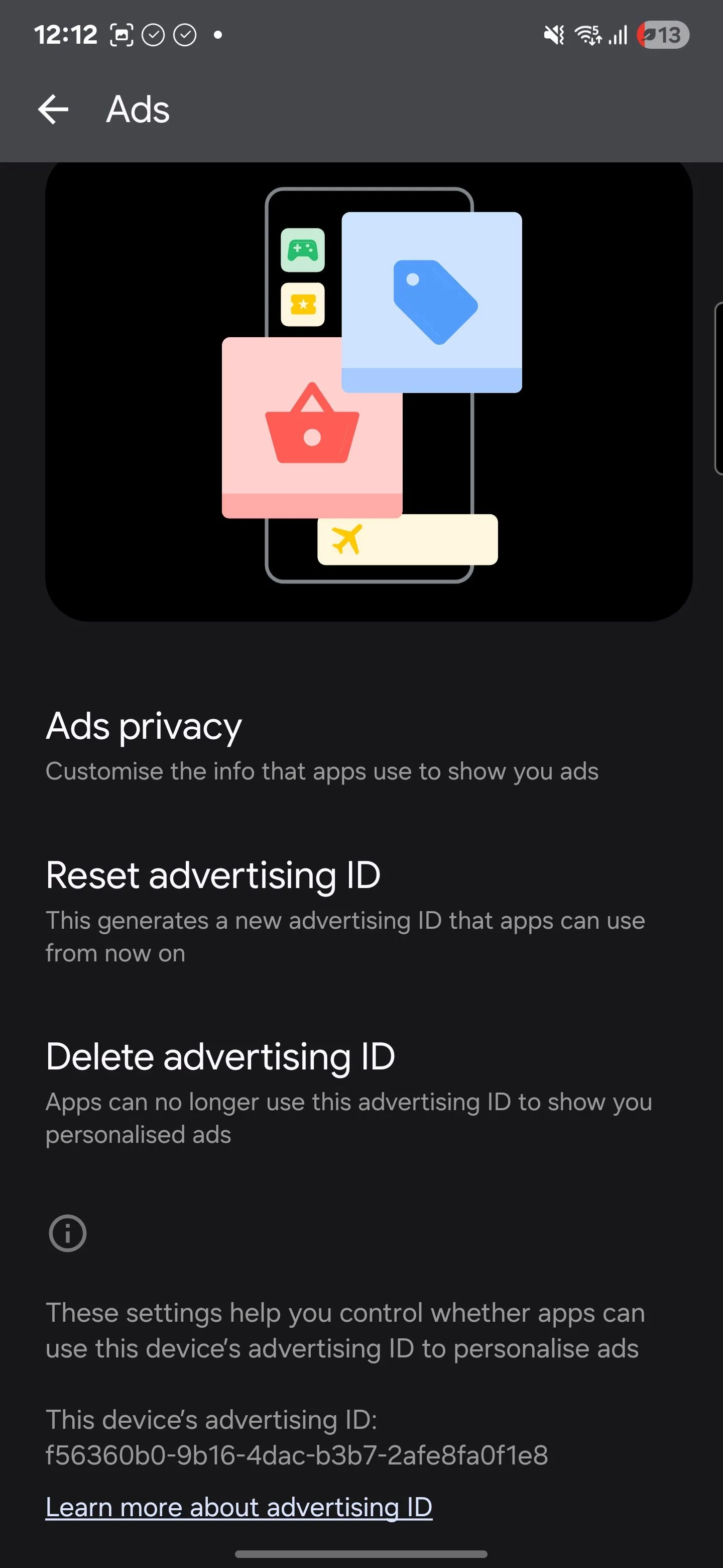 Màn hình cài đặt Google Ads trên Android, hiển thị tùy chọn xóa ID quảng cáo để ngăn chặn cá nhân hóa quảng cáo dựa trên hành vi người dùng.