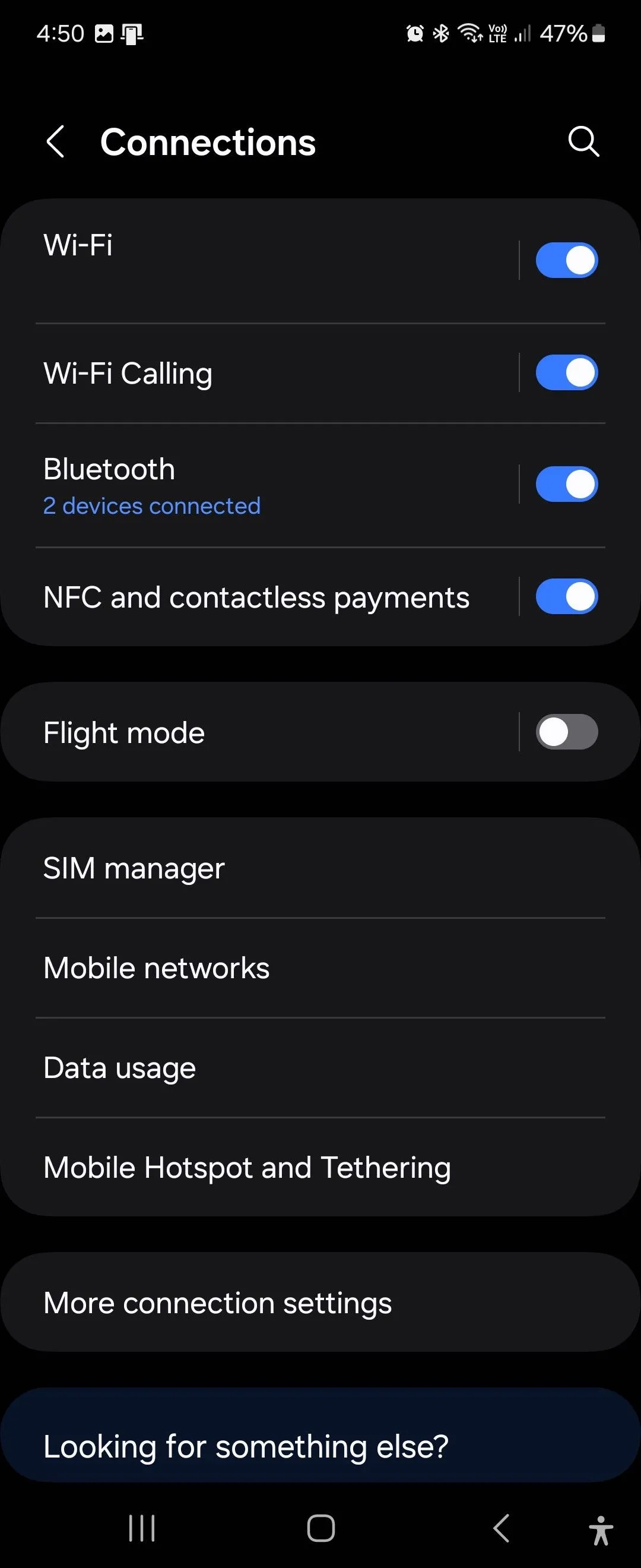 Màn hình cài đặt Kết nối trên giao diện One UI 6.12 của Samsung Galaxy, hiển thị các tùy chọn mạng và Wi-Fi