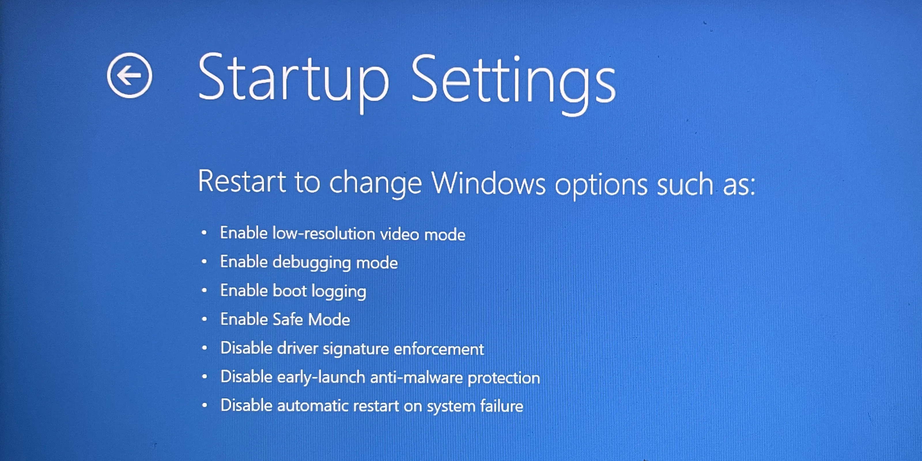 Màn hình Cài đặt Khởi động trên Windows, liệt kê các chế độ khởi động đặc biệt