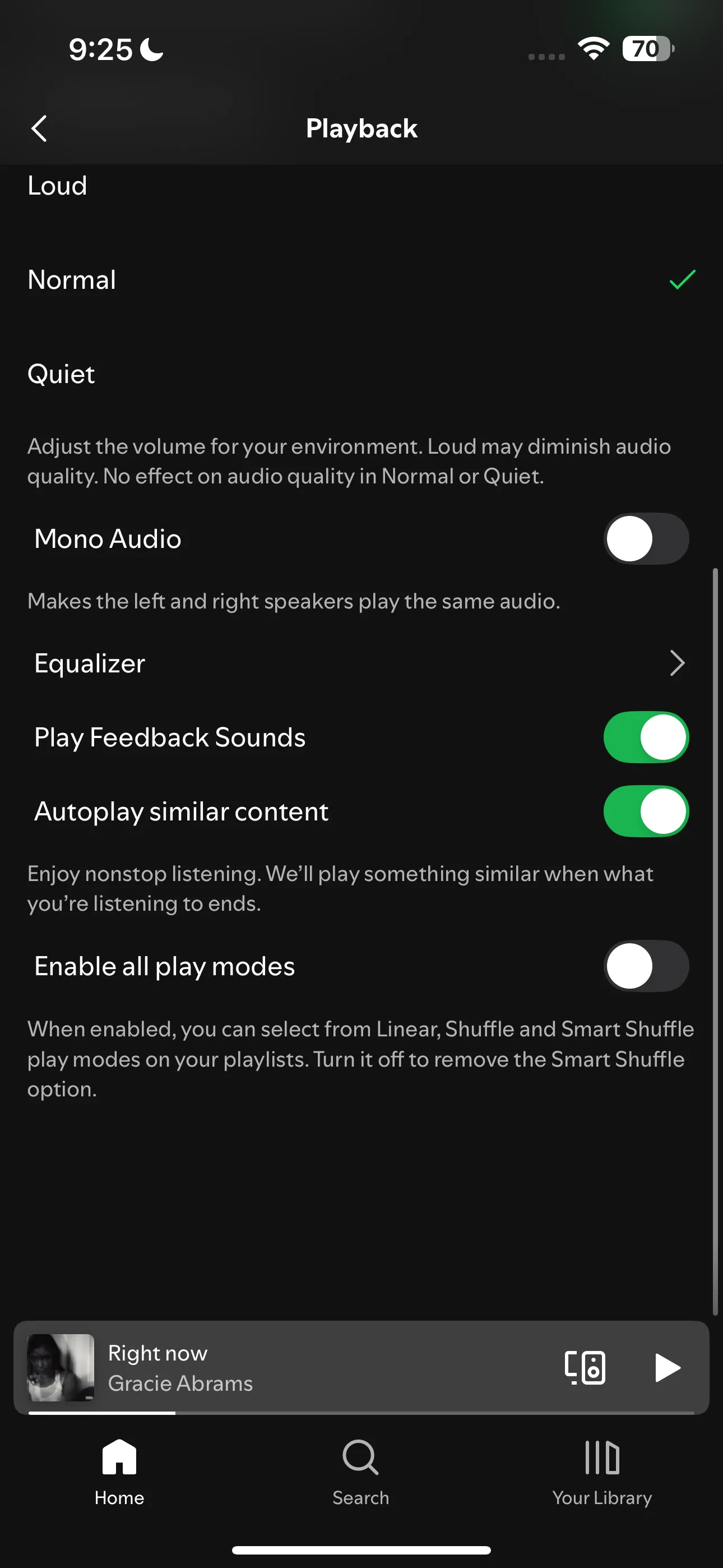 Màn hình cài đặt Phát lại của Spotify trên iPhone hiển thị tùy chọn Chế độ phát nhạc