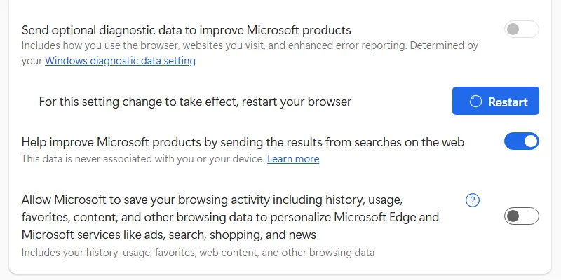Màn hình cài đặt Quyền riêng tư, tìm kiếm và dịch vụ của Microsoft Edge, với tùy chọn cho phép Microsoft lưu hoạt động duyệt web đã tắt.