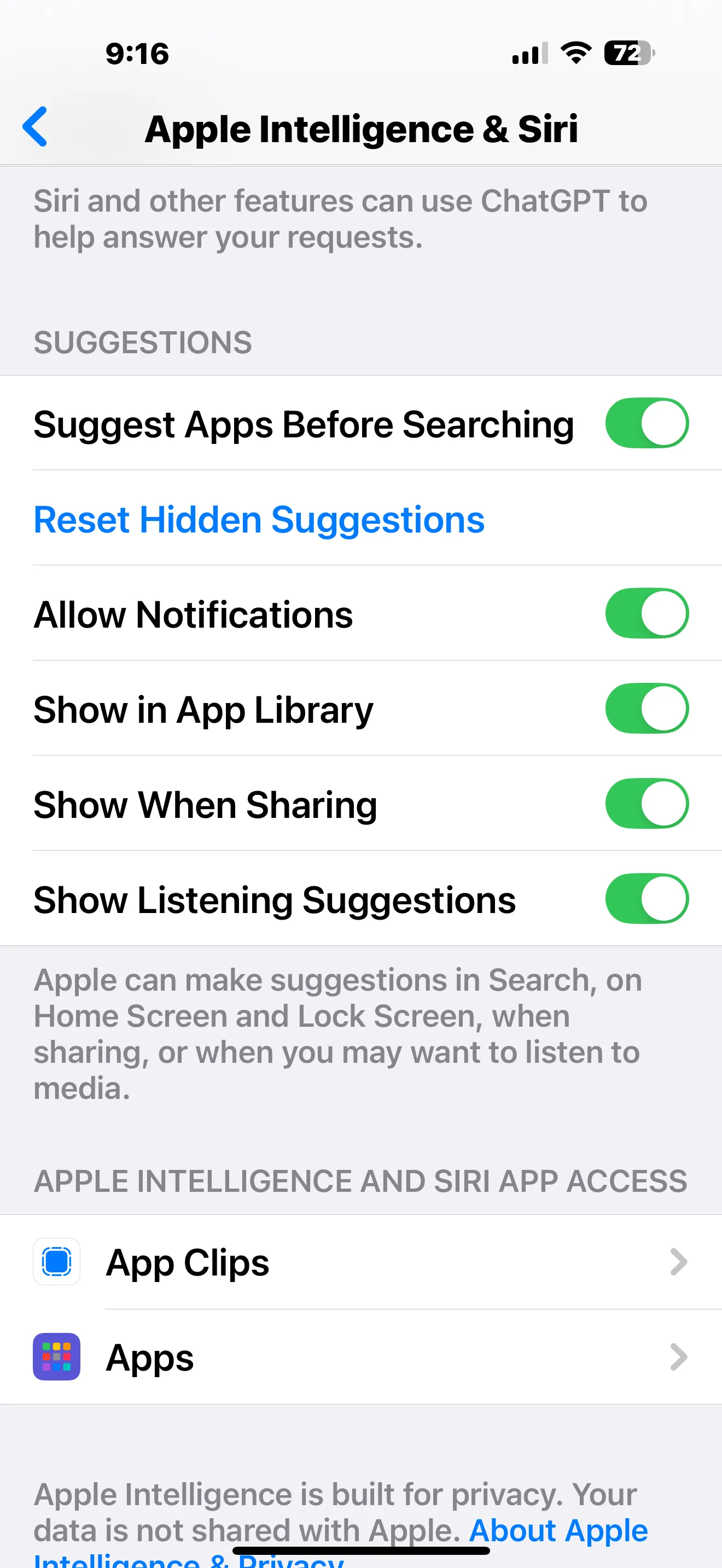 Màn hình cài đặt quyền truy cập ứng dụng của Apple Intelligence, quản lý AI trên từng app