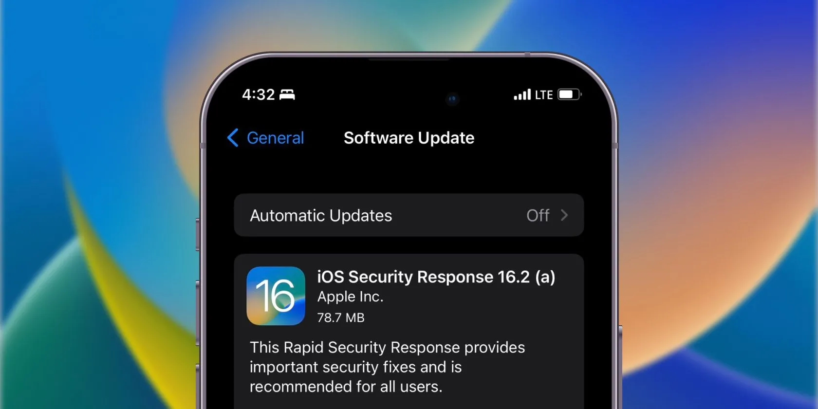 Màn hình cài đặt Rapid Security Response trên iPhone, cho phép bật hoặc tắt cập nhật bảo mật nhanh