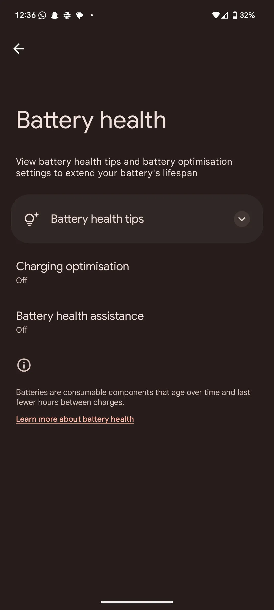 Màn hình cài đặt Sức khỏe pin (Battery health) trên Android 16 hiển thị tình trạng pin và tùy chọn hỗ trợ quản lý pin