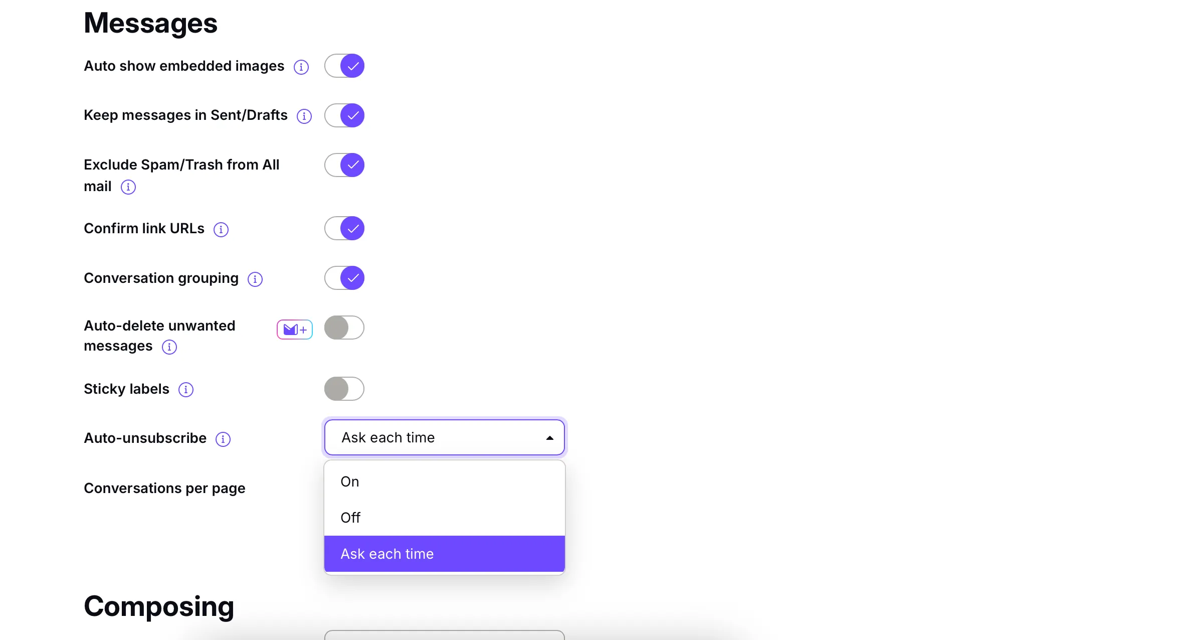 Màn hình cài đặt tính năng tự động hủy đăng ký email trong ứng dụng Proton Mail