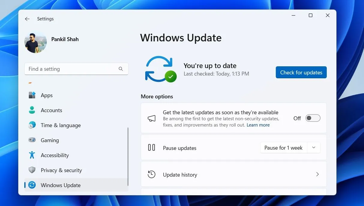 Màn hình cài đặt Windows Update trong Windows 11, nơi người dùng kiểm tra các bản cập nhật hệ thống