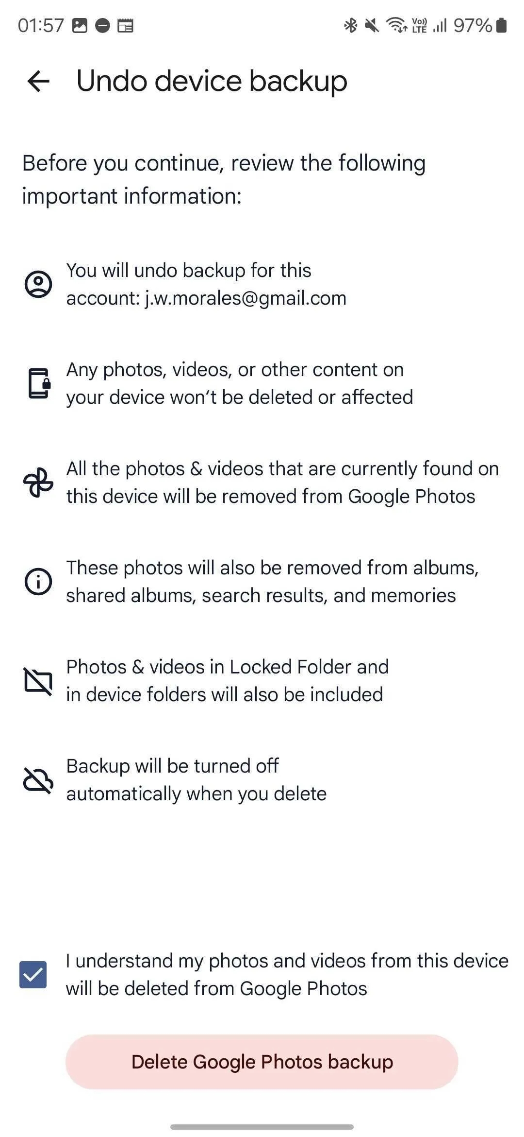 Màn hình cảnh báo khi hủy sao lưu thiết bị Google Photos