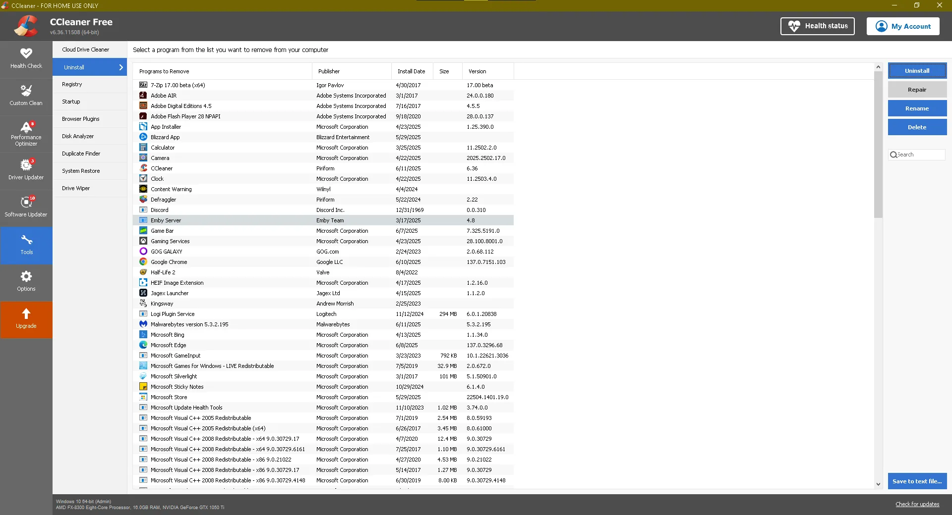 Màn hình CCleaner hiển thị danh sách các chương trình đã cài đặt, hỗ trợ gỡ bỏ và dọn dẹp hệ thống