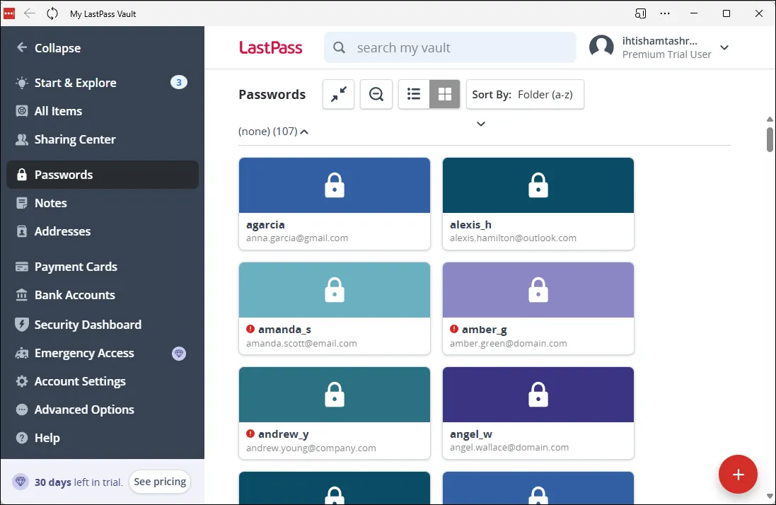 Màn hình chính của LastPass, một trình quản lý mật khẩu nổi tiếng