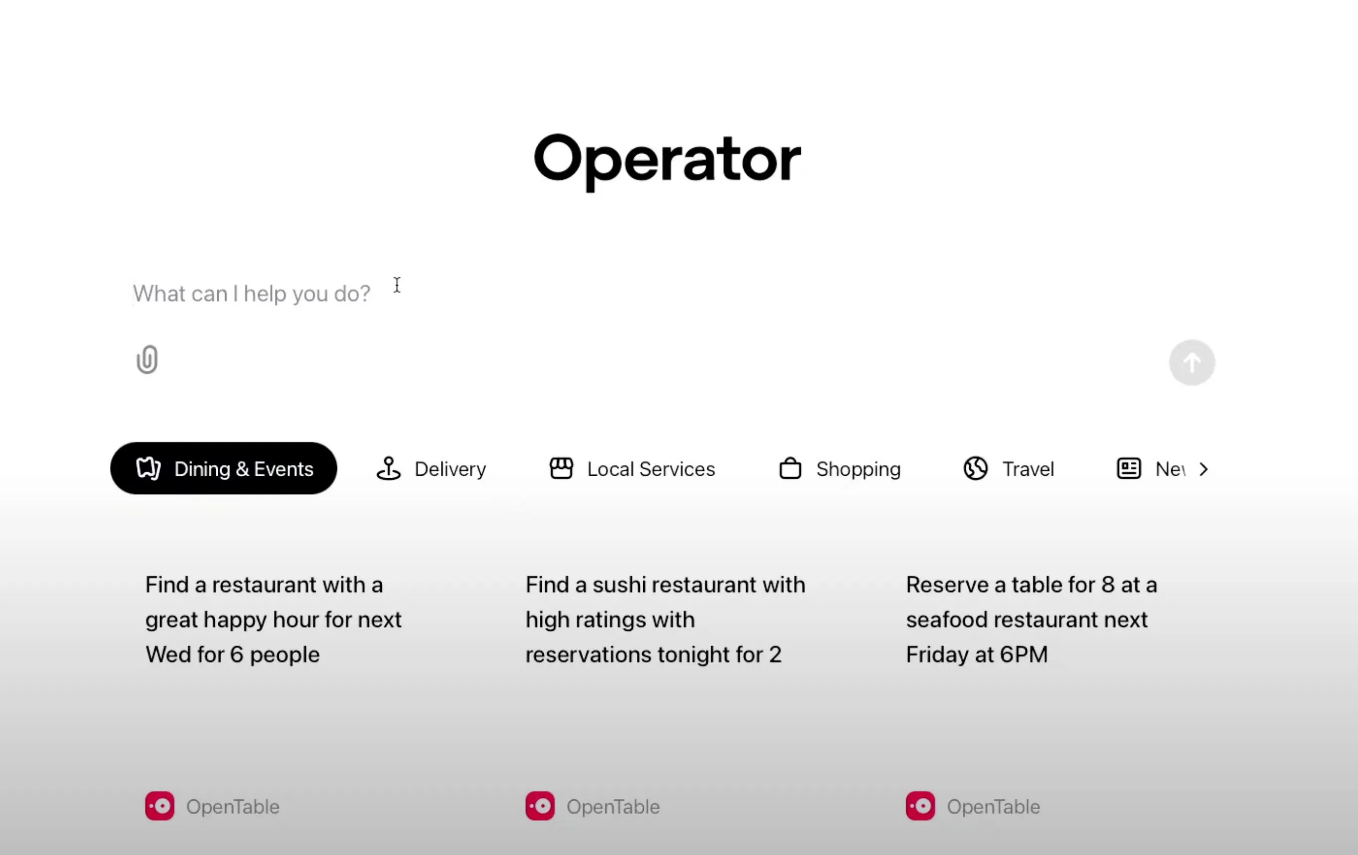 Màn hình chính của OpenAI Operator, một ví dụ về AI agent tự hành được thiết kế để thực hiện các tác vụ phức tạp.