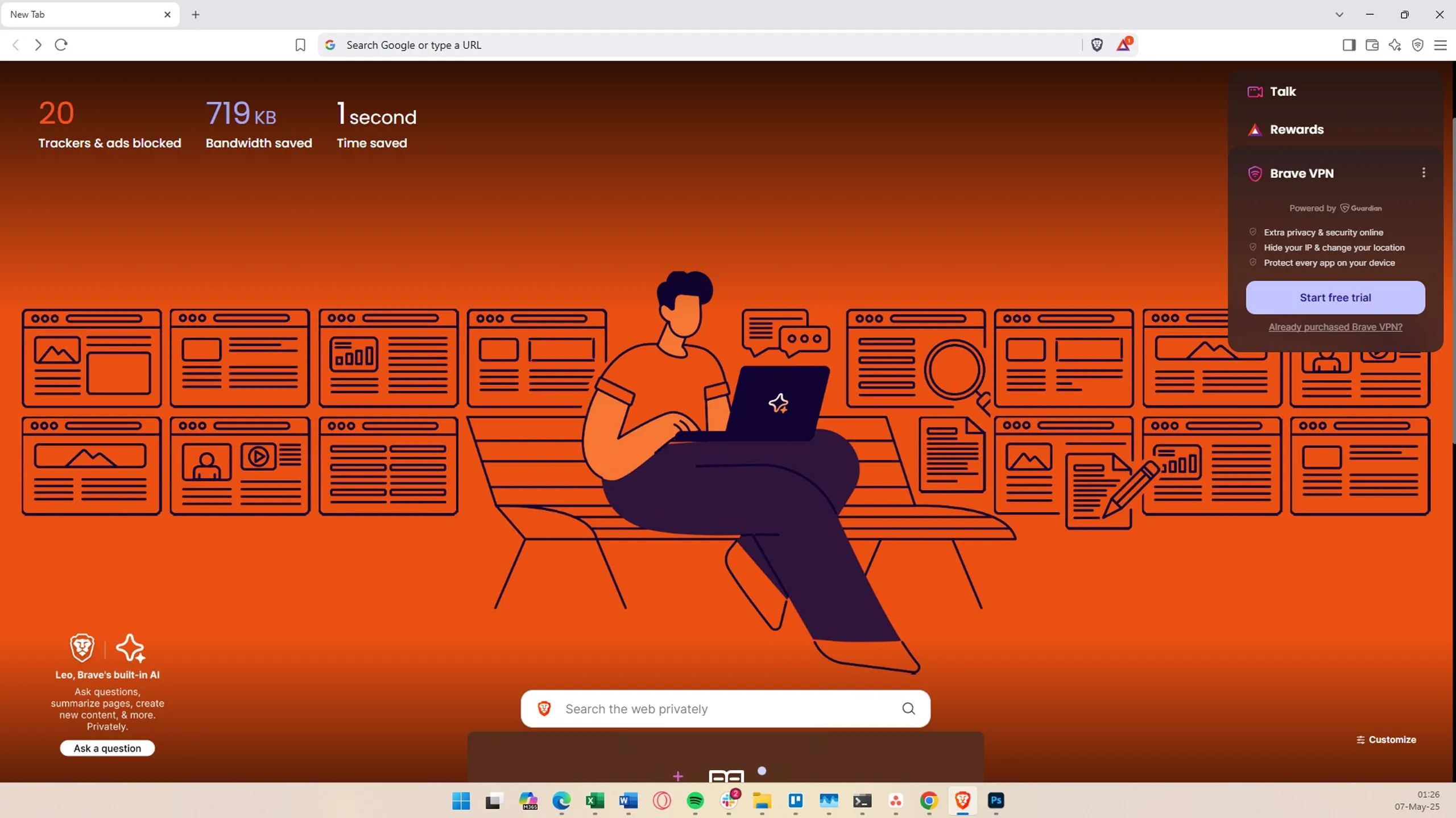 Màn hình chính của trình duyệt Brave Browser với các thông tin về số lượng quảng cáo và trình theo dõi đã chặn