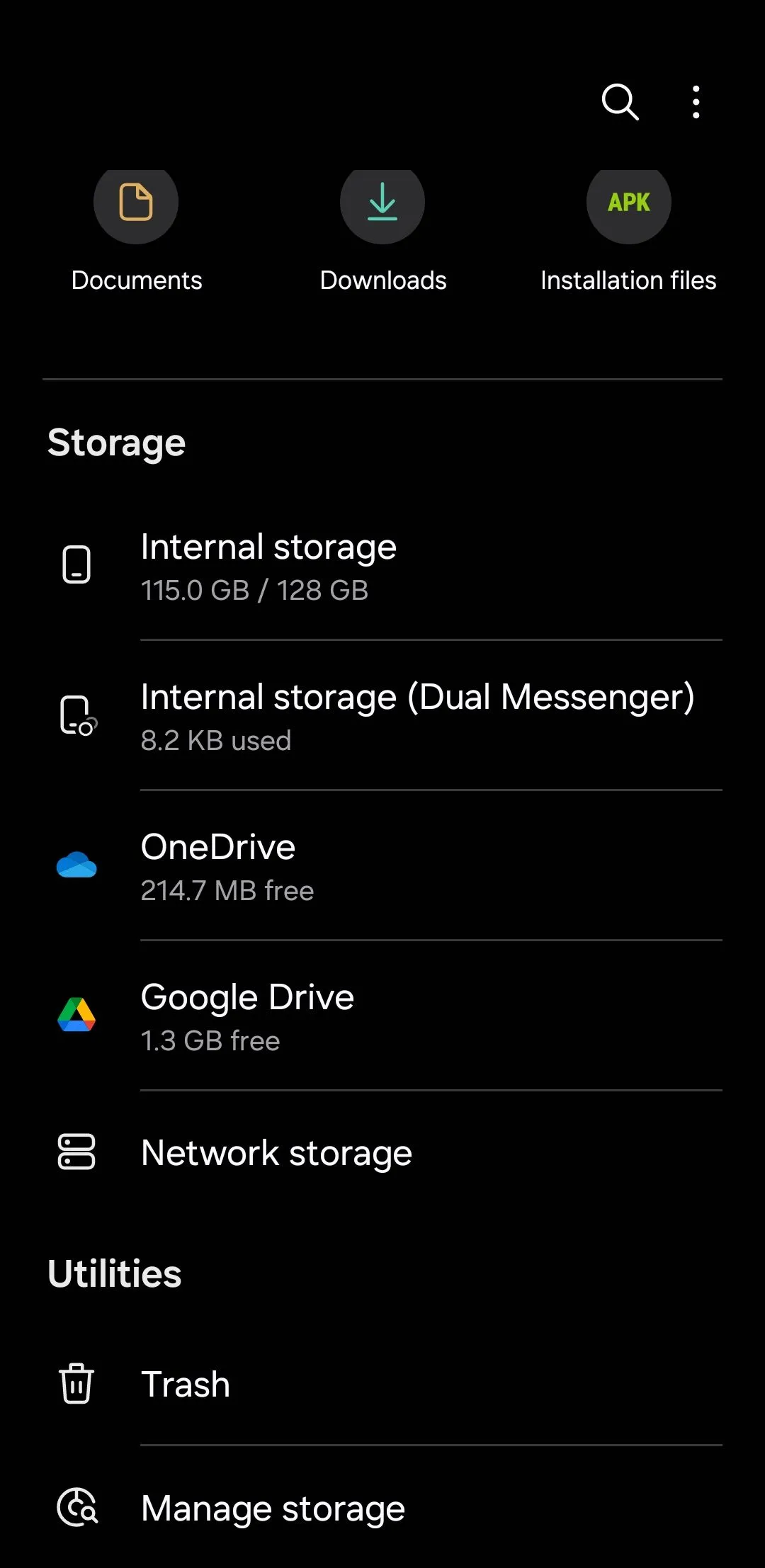 Màn hình chính của ứng dụng Quản lý tệp Samsung (My Files)