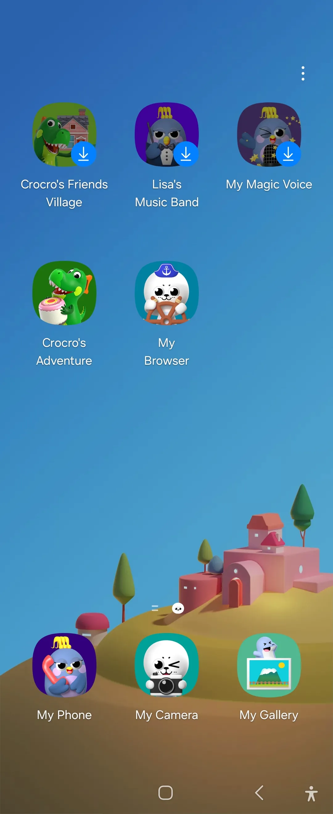 Màn hình chính của ứng dụng Samsung Kids trên điện thoại Galaxy Flip 6, hiển thị giao diện thân thiện dành cho trẻ em.