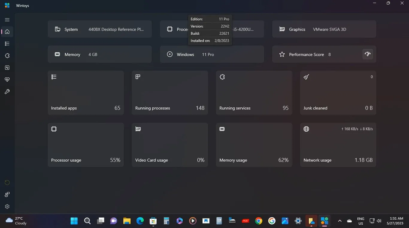 Màn hình chính của WinToys hiển thị thông tin phần cứng và phần mềm, công cụ tối ưu hóa Windows.
