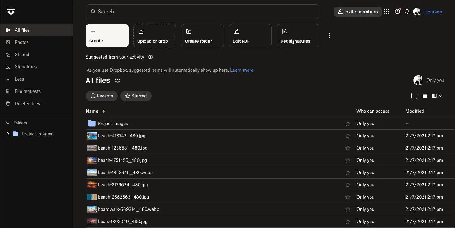 Màn hình chính Dropbox Vault, minh họa giao diện lưu trữ an toàn cho các tệp quan trọng sau khi nâng cấp lên gói cao cấp