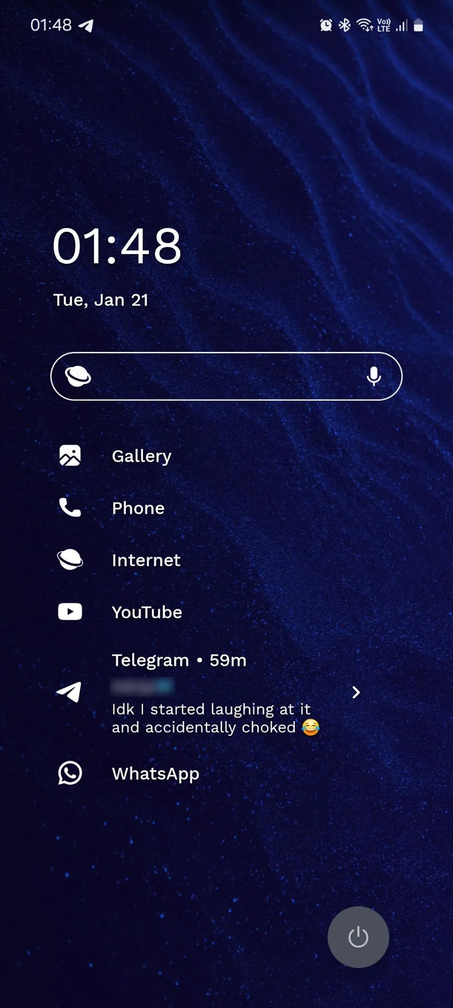 Màn hình chính Niagara Launcher hiển thị nội dung thông báo từ ứng dụng Telegram và tùy chọn trả lời trực tiếp