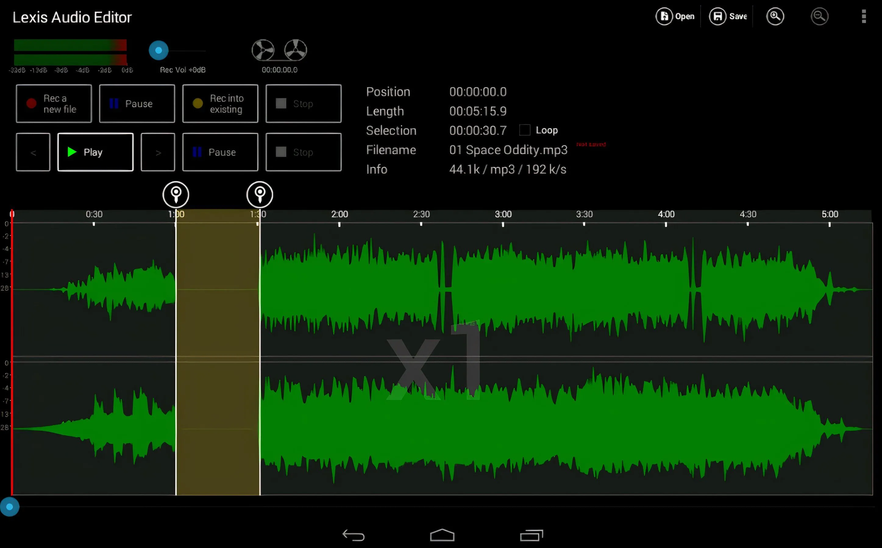 Màn hình chỉnh sửa âm thanh trong ứng dụng Lexis Audio Editor hiển thị tùy chọn hiệu ứng fade.