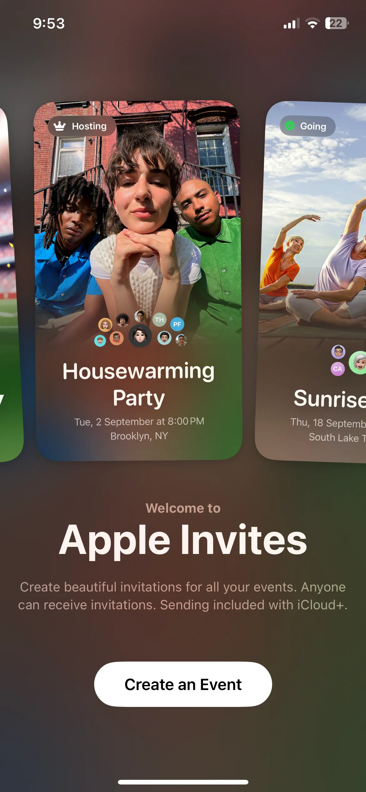 Màn hình chính ứng dụng Apple Invites trên iPhone, nơi người dùng tạo và quản lý lời mời sự kiện kỹ thuật số.