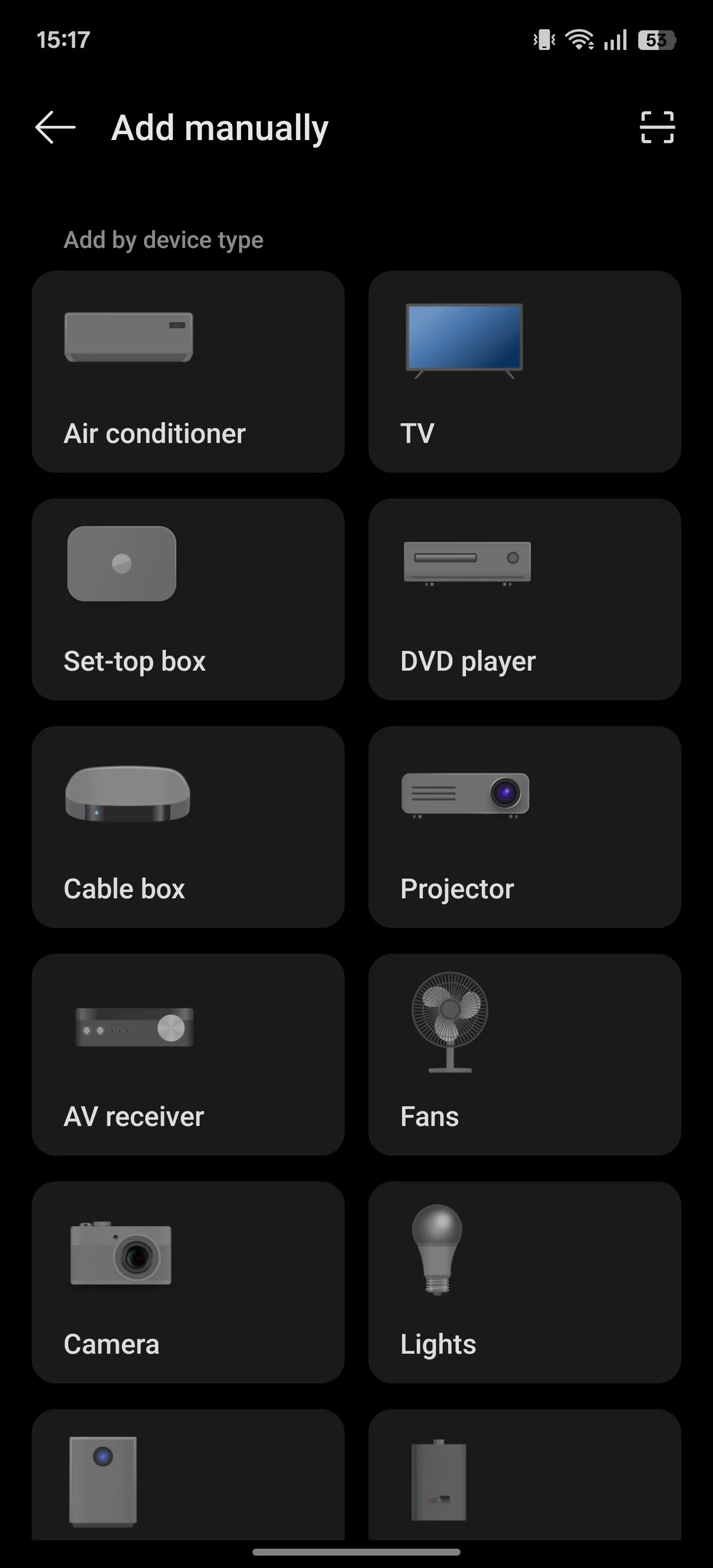 Màn hình chọn loại thiết bị trong ứng dụng IR Remote trên điện thoại OnePlus, cho phép người dùng thêm điều khiển cho các thiết bị điện tử.