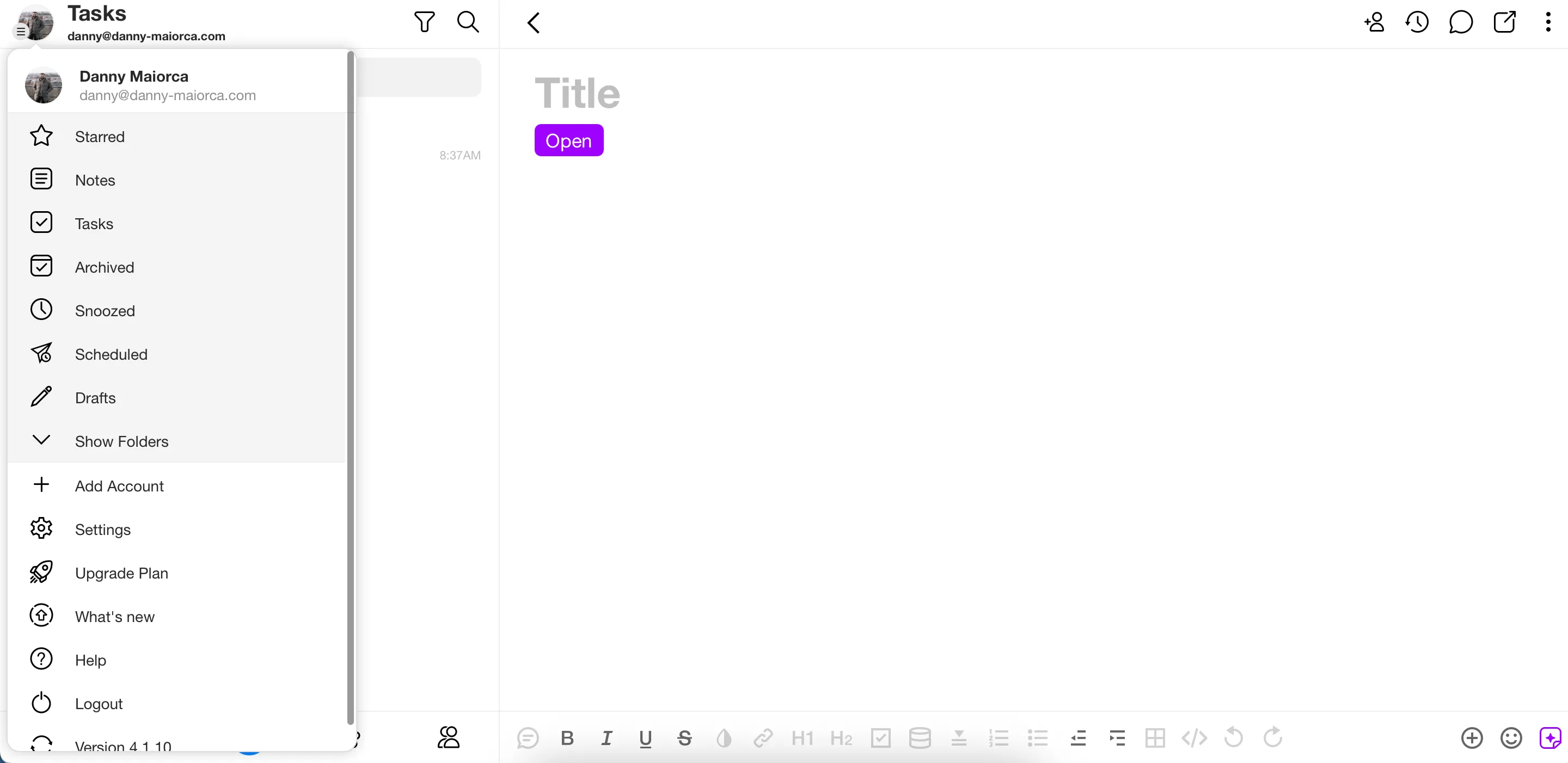 Màn hình chọn mục Tác vụ (Tasks) trong menu ứng dụng Spike để tạo danh sách việc cần làm