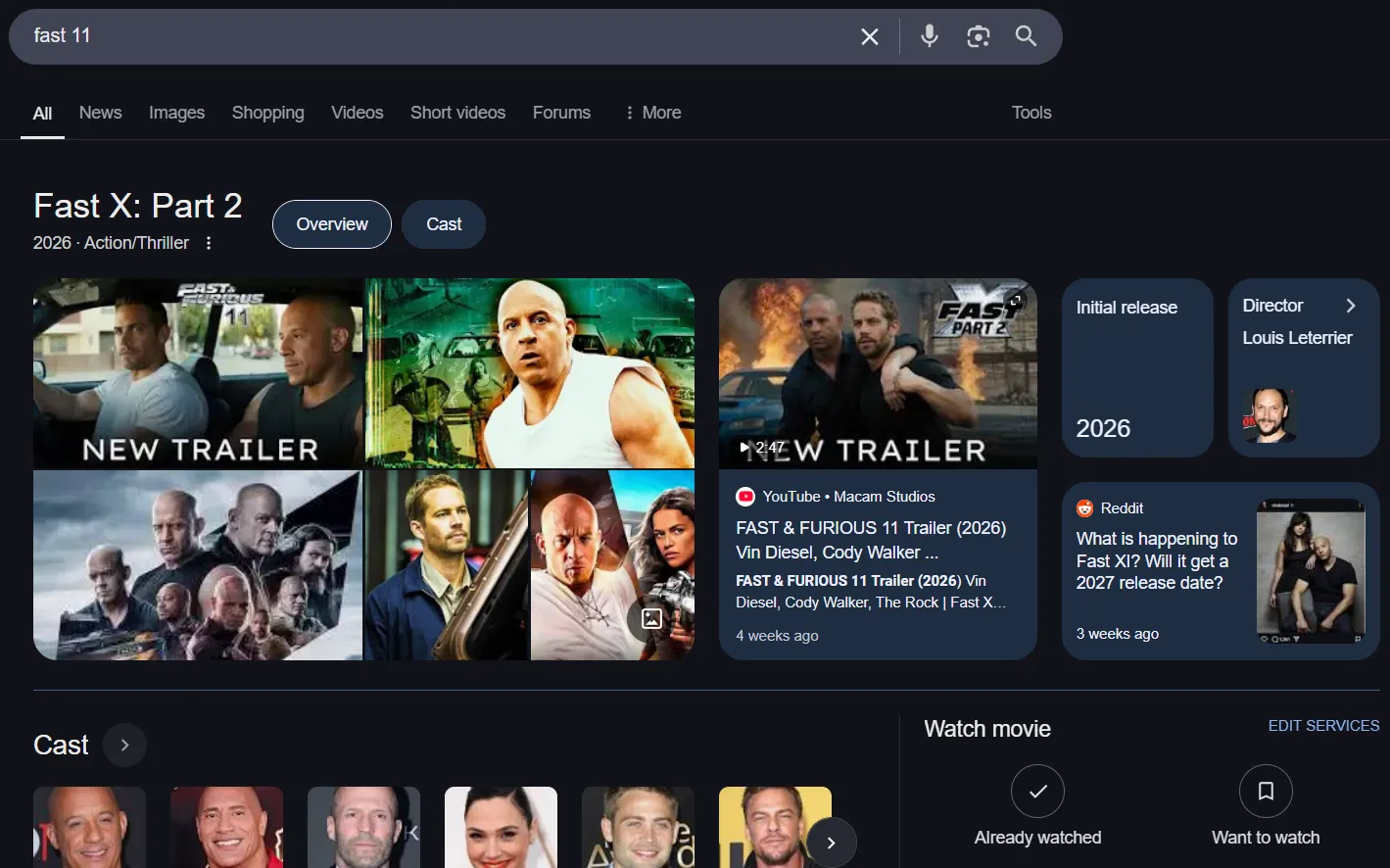 Màn hình chụp kết quả tìm kiếm Google cho &quot;Fast 11&quot; với các tiêu đề clickbait và video do AI tạo, cho thấy vấn đề thông tin sai lệch.