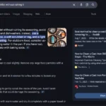Màn hình chụp tính năng AI Overview của Google hiển thị hướng dẫn làm sạch chảo gang, minh họa thông tin thiếu nhất quán và nguồn kém uy tín.