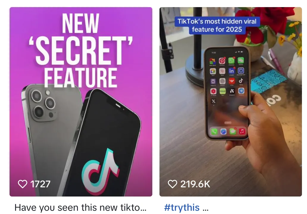 Màn hình chụp video TikTok quảng cáo các tính năng bí mật hoặc ứng dụng TikTok "Pro" giả mạo.
