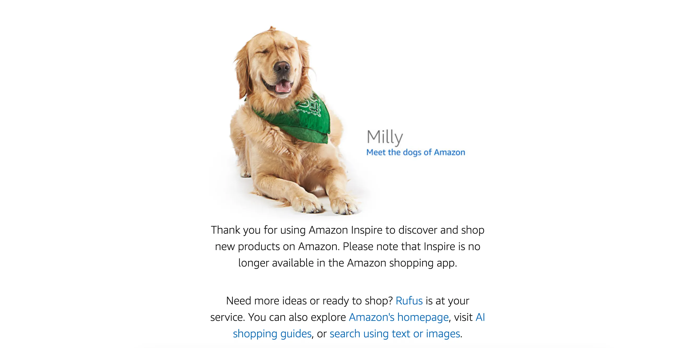 Màn hình chuyển hướng của Amazon thông báo nền tảng Inspire đã ngừng hoạt động, kèm hình ảnh chú chó Milly thân thiện.