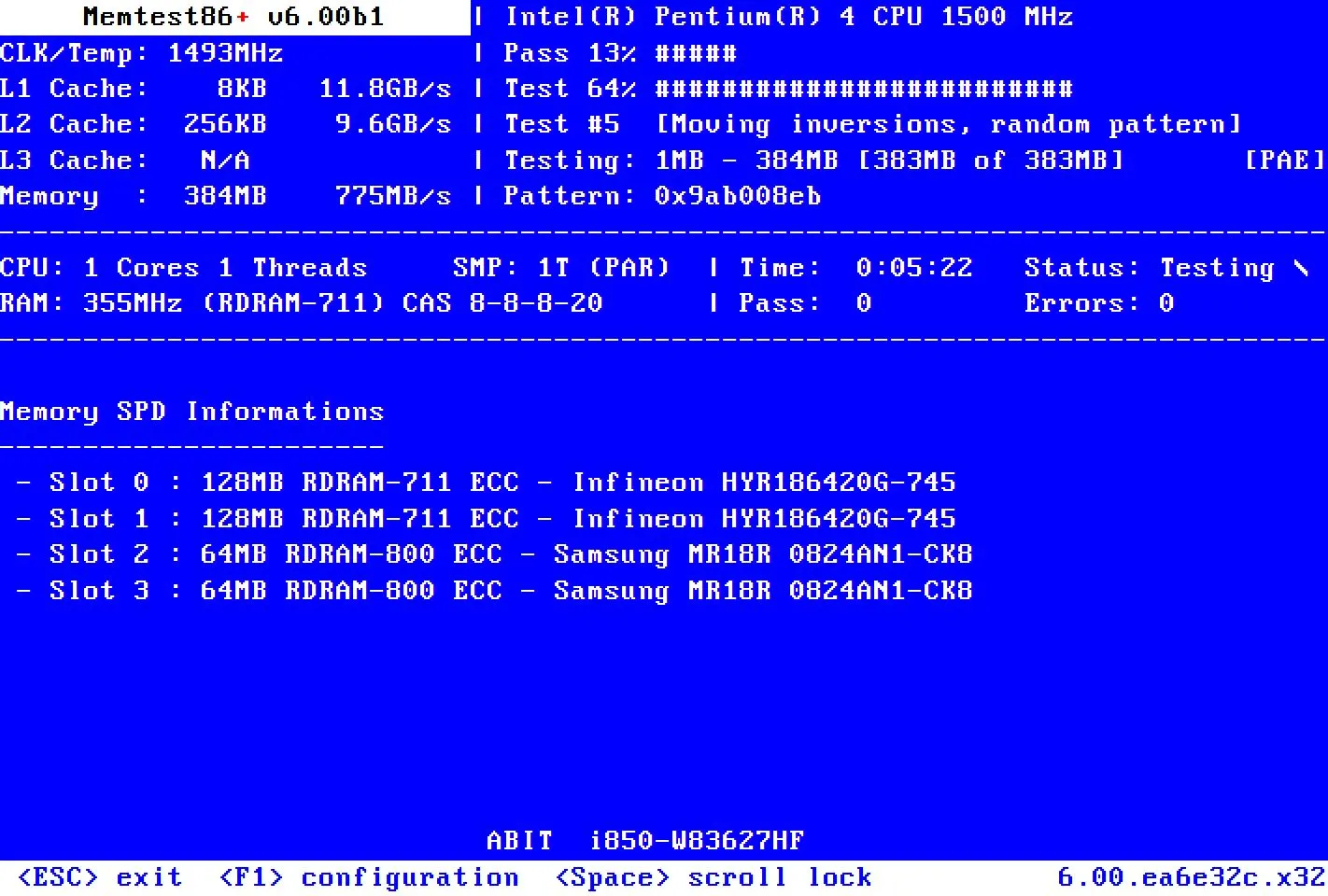 Màn hình công cụ MemTest86 đang thực hiện quá trình kiểm tra bộ nhớ RAM