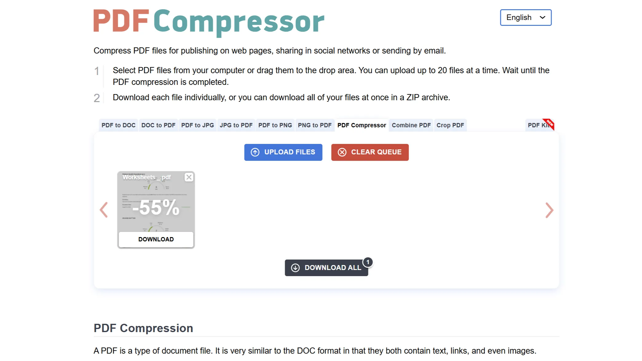 Màn hình công cụ PDF Compressor hiển thị phần trăm giảm dung lượng của các file PDF đã nén