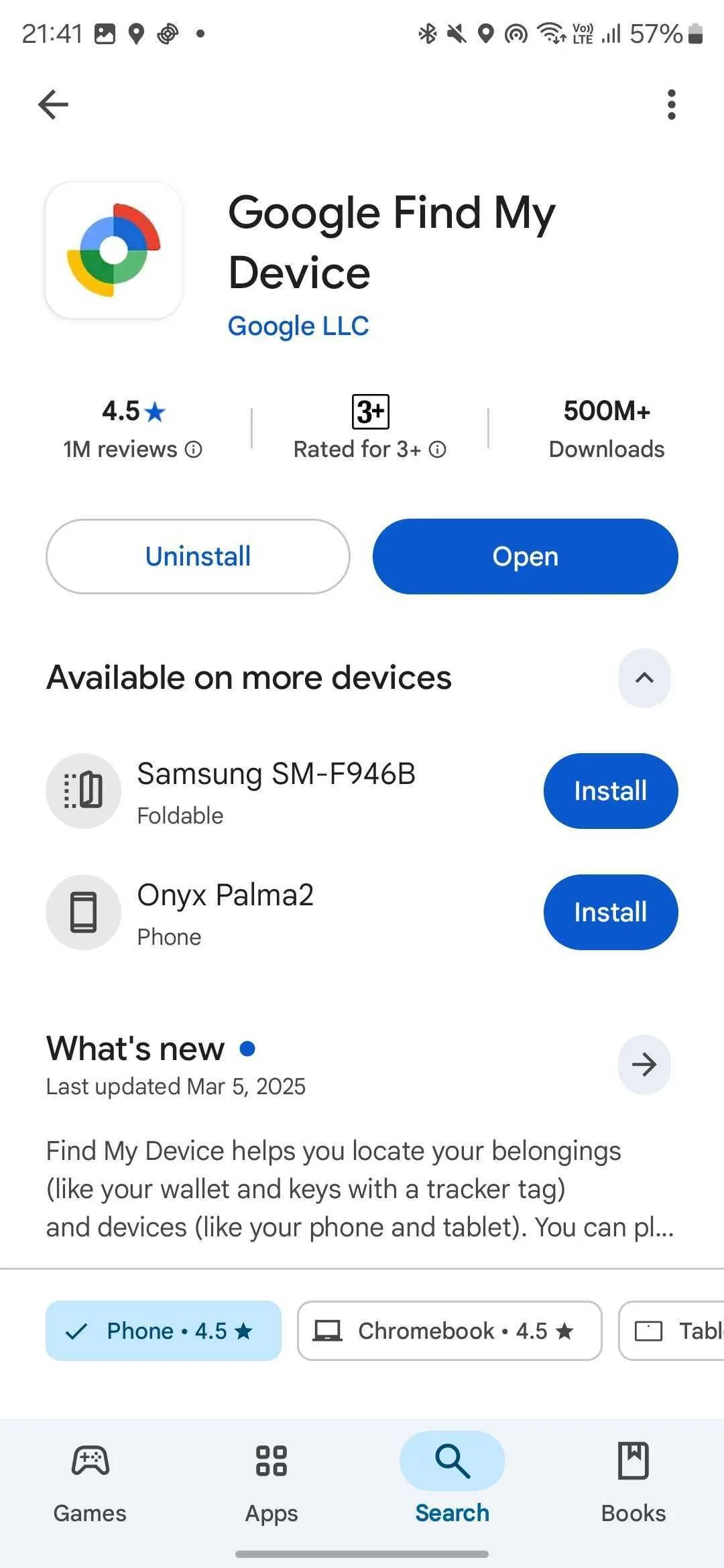 Màn hình cửa hàng Google Play Store hiển thị ứng dụng Google Tìm thiết bị để cài đặt.
