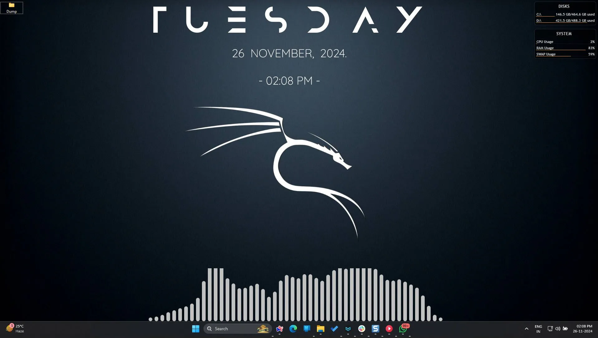 Màn hình desktop Windows 11 được tùy chỉnh với Rainmeter, hiển thị các widget thông tin hệ thống