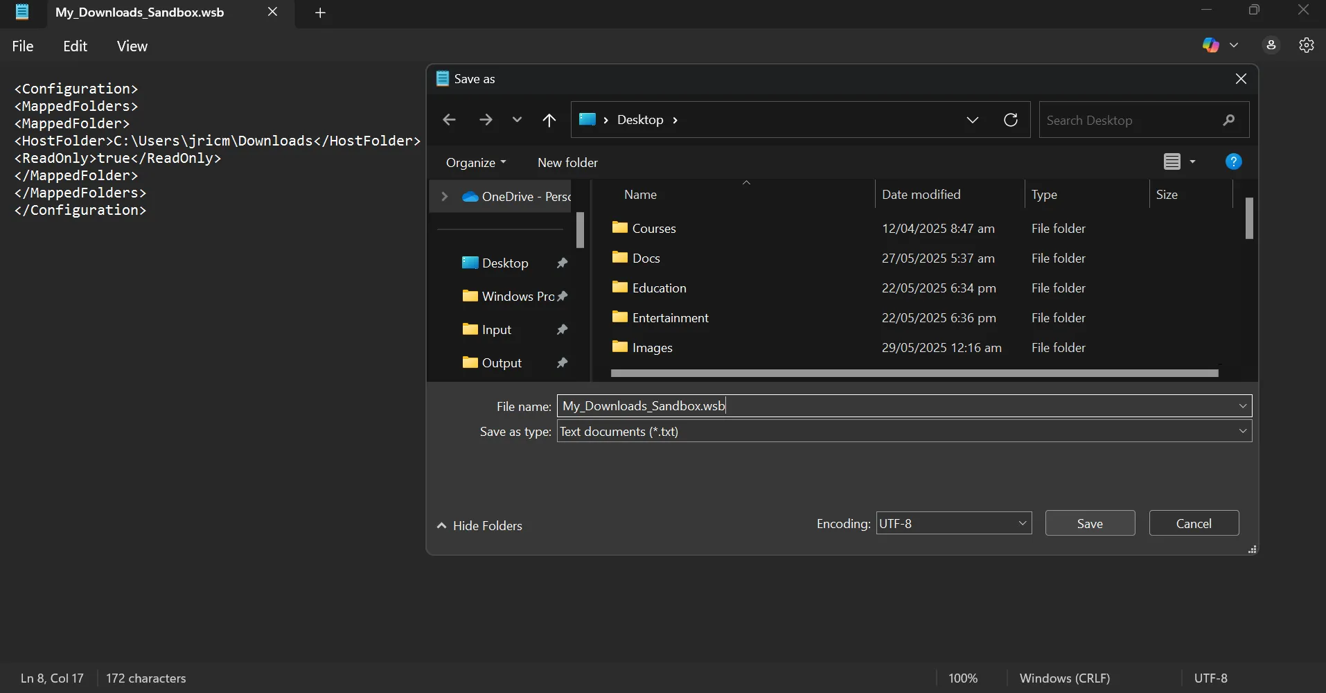 Màn hình desktop Windows 11 hiển thị một file cấu hình Windows Sandbox (.wsb) đã được tạo với biểu tượng hộp cát.