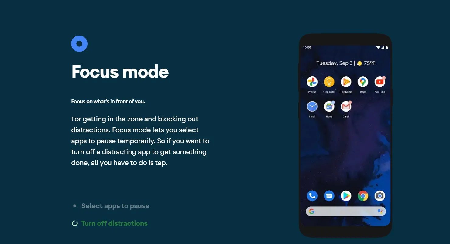 Màn hình điện thoại Android hiển thị tính năng &quot;Chế độ Tập trung&quot; (Focus Mode), giúp người dùng loại bỏ phiền nhiễu kỹ thuật số để tăng cường sự tập trung vào công việc.