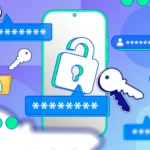 Màn hình điện thoại hiển thị biểu tượng mật khẩu, khóa bảo mật, minh họa thông tin đăng nhập bị rò rỉ.