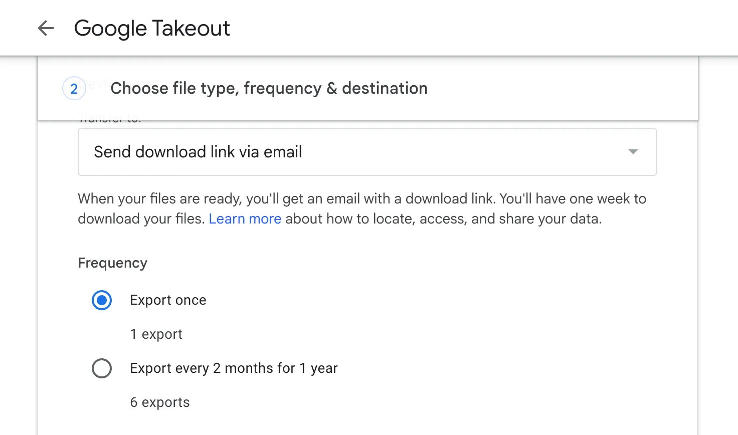Màn hình giao diện Google Takeout với tùy chọn xuất dữ liệu email Gmail