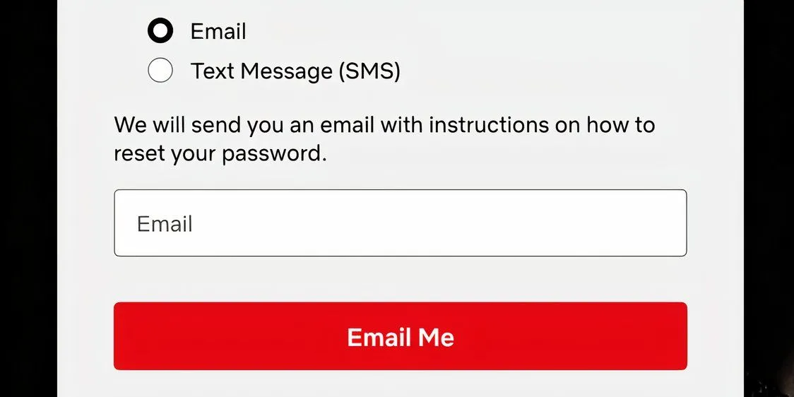 Màn hình &quot;Gửi email cho tôi&quot; của Netflix khi yêu cầu đặt lại mật khẩu.