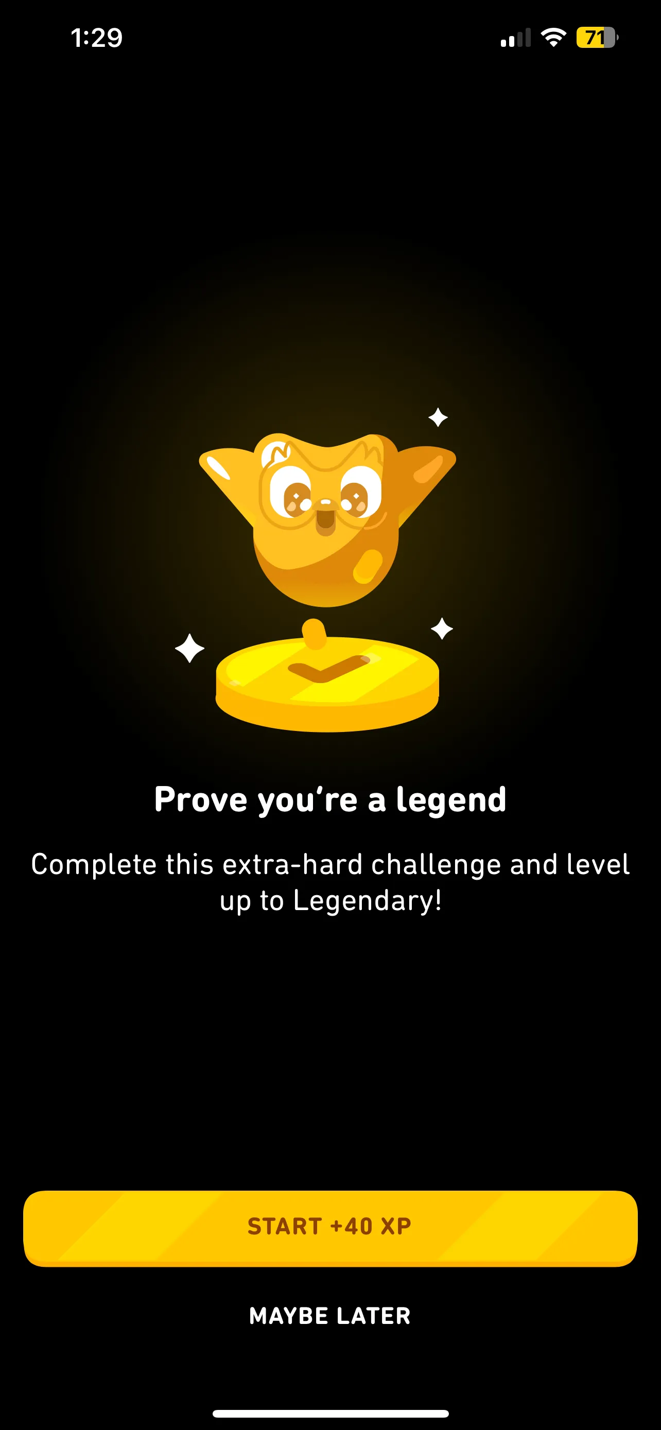 Màn hình hiển thị bài học Huyền thoại (Legendary lesson) trong Duolingo, giúp người dùng đạt được cột mốc hoàn thành vàng.