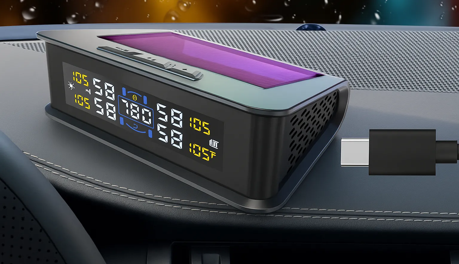Màn hình hiển thị hệ thống giám sát áp suất lốp (TPMS) Zradnox kết nối qua cổng USB trên xe.