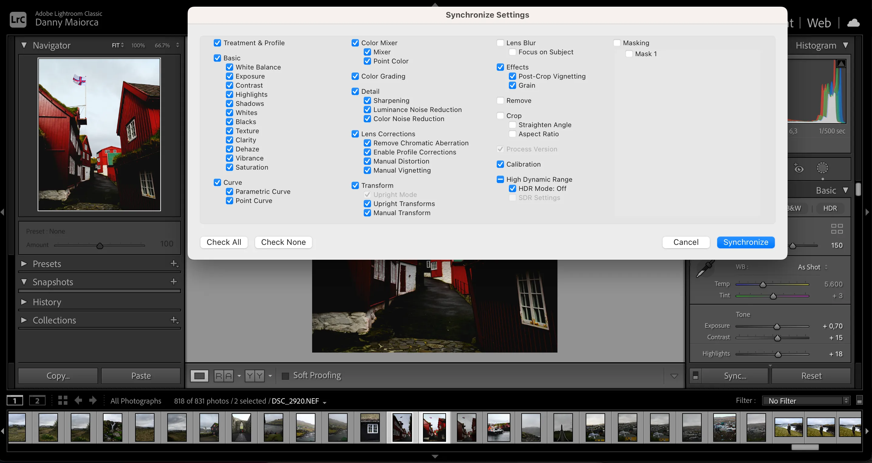 Màn hình hiển thị tính năng đồng bộ cài đặt ảnh trong Adobe Lightroom